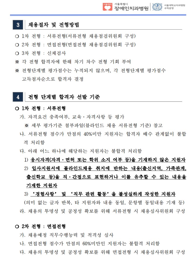 3 채용절차 및 전형방법
❍ 1차 전형 : 서류전형(서류전형 채용점검위원회 구성)
 ❍ 2차 전형 : 면접전형(면접전형 채용점검위원회 구성)
 ❍ 3차 전형 : 신체검사
※ 각 전형 합격자에 한해 차기 차수 전형 기회 부여
※ 전형단계별 평가점수는 누적되지 않으며, 각 전형단계별 평가점수
고득점자순으로 합격자 결정
4 전형 단계별 합격자 선발 기준
❍ 1차 전형 : 서류전형
가. 자격요건 충족여부, 교육·자격사항 등 평가
※ 세부 평가기준 첨부파일(블라인드 채용 서류전형 기준) 참고
나. 서류전형 점수가 만점의 40%미만 지원자는 합격자 배수 관계없이 불합
격 처리함
다. 아래 어느 하나에 해당하는 지원자는 불합격 처리함
1) 응시자격(자격·면허 또는 학위 소지 여부 등)을 기재하지 않은 지원자
2) 입사지원서에 블라인드채용 취지에 반하는 내용(출신지역, 가족관계,
출신학교 등)을 직·간접으로 표현하거나 이를 유추할 수 있는 내용을
기재한 지원자
3) ‘경험사항’ 및 ‘직무 관련 활동’을 불성실하게 작성한 지원자
(의미 없는 글자 반복, 타 지원자와 내용 동일, 문항별 동일내용 기재 등)
라. 채용의 투명성 및 공정성 확보를 위해 서류전형 시 채용심사위원회 구성
❍ 2차 전형 : 면접전형
가. 채용예정 직무수행능력 및 적격성 심사
나. 면접전형 점수가 만점의 60%미만인 지원자는 불합격 처리함
다. 채용의 투명성 및 공정성 확보를 위해 면접전형 시 채용심사위원회 구성